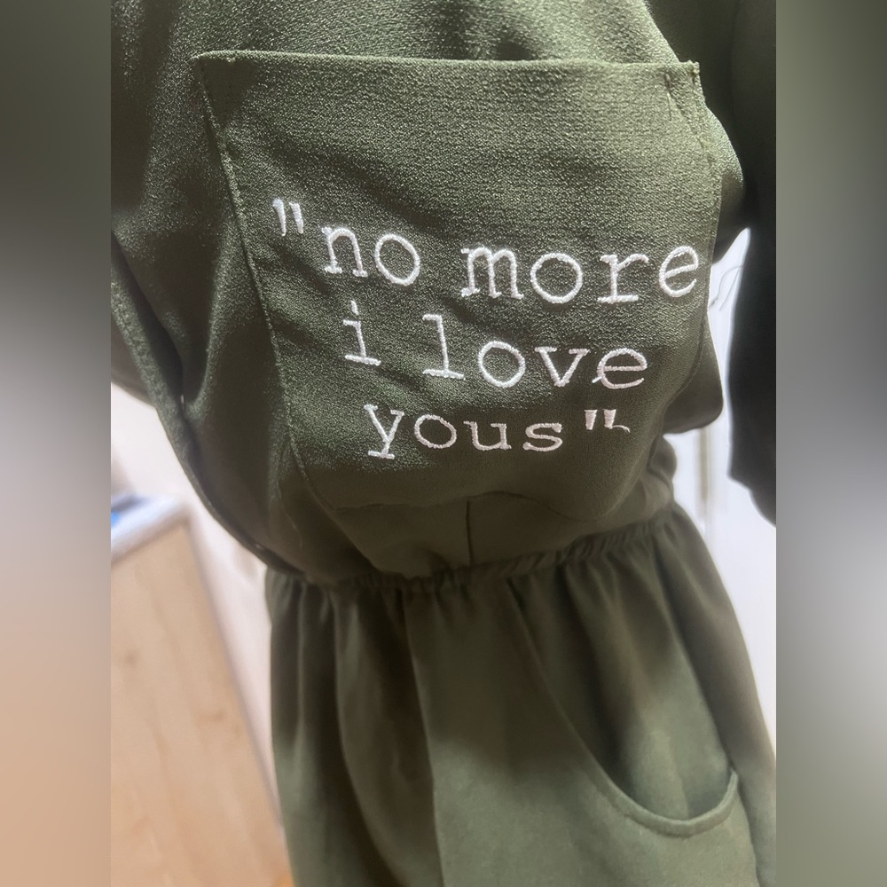 💔 Olive Green Utility Romper – “No More I Love Yous” 💔 - Picture 2 of 6
